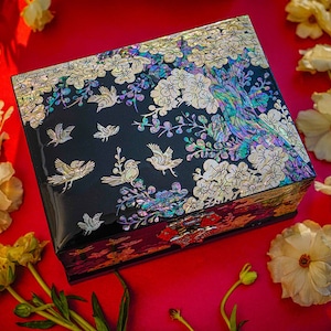 February Mountain Mother of Pearl Two-Layer Jewelry Box - Birds with Plum Blossom Tree Design Handmade Korean Art Gifts for Women