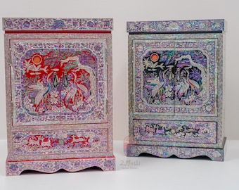FEBRUARY MOUNTAIN Mother of Pearl Traditional Asian Black and Red Mother of Pearl Inlaid Cabinet with Crane and Floral Design