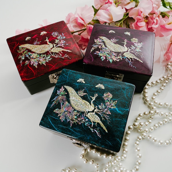 February Mountain Mother of Pearl Mini Peacock Jewelry Box with Hinged Lid-Decorative Wooden Storage Trinket Box