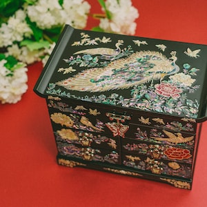 FEBRUAR BERG Mutter der Perle Schmuckschatulle w / 4 Schubladen Pfau Design Holz Aufbewahrungsbox Hochzeit Geburtstag Weihnachtsgeschenke für Frauen Mutter