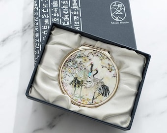 FEBRUARY MOUNTAIN  Korean Mother-of-Pearl Compact Mirror Crane Design, Elegant Portable Makeup Mirror with Gift Box Gifts for Women
