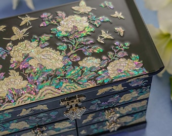 February Mountain Mother of Pearl Jewelry Box with 4 Drawers Keepsake Box Gifts for Women, Mom, Wife, Girlfriend, Sister Birthday gifts