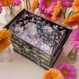 Caja de joyería de nácar FEBRUARY MOUNTAIN – Regalo de Navidad para ella, idea de regalo de cumpleaños, organizador de joyas de lujo con cajones