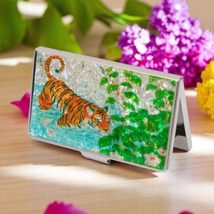 Korean Tiger Design Business Card Holder Metal Case with Mother of Pearl Inlay | Unique Gift for Him Her Boss Office Desk Accessory