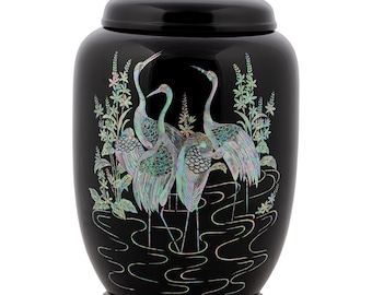 FEBRUARY MOUNTAIN Elegant Black Decorative Jar with Mother-of-Pearl Cranes and Pine Design