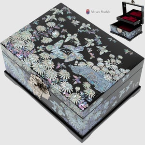 February Mountain Mother of Pearl Two-Layer Jewelry Box - Siberian Chrysanthemum with Butterfly Design Handmade Korean Art Gifts for Women