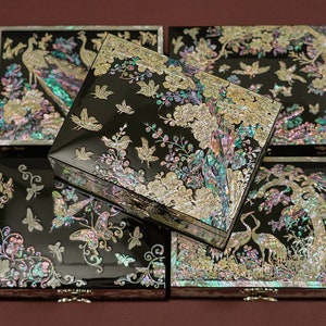 February Mountain Mother of Pearl Two-Layer Jewelry Box - Birds with Plum Blossom Tree Design Handmade Korean Art Gifts for Women