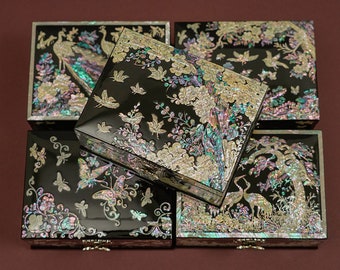 February Mountain Mother of Pearl Two-Layer Jewelry Box - Birds with Plum Blossom Tree Design Handmade Korean Art Gifts for Women