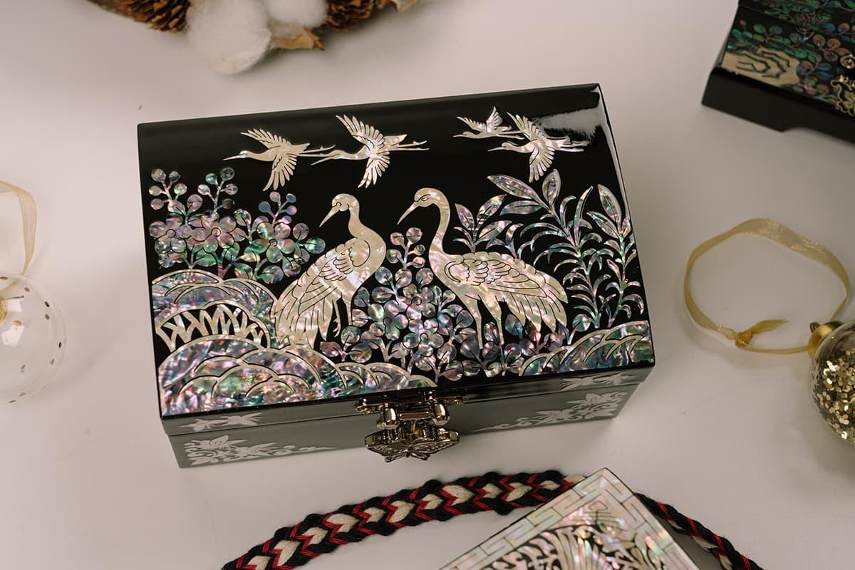 February Mountain Mother of Pearl Crane Small Jewelry Box - Sea