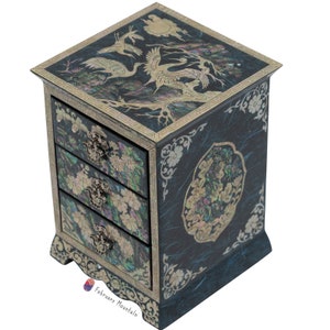 Boîte à bijoux 3 tiroirs en nacre de montagne de février Cadeaux uniques pour femme Boîte à bijoux en bois incrusté Design vintage antique