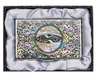 Luxury Business Card Case - Mother of Pearl Inlay, Korean Crane Motif, Sophisticated Gift, Office Desk Accessory for Men and Women, Unique