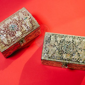 Februar Berg Perlmutt Muschel eingelegt Holz Schmuck Organizer Box mit Spiegel Abalone Shell Trinket Box Handmade Keepsake Box