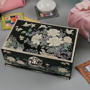 Februar Berg Perlmutt Holz Große abschließbare Schmuck Organizer Box mit Schlüssel - Zweischichtige handgefertigte perfekte Geschenke für Frauen