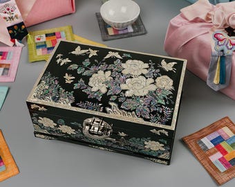 February Mountain Mother of Pearl Wooden Large Lockable Jewelry Organizer Box with Key - Two-Layer Handmade Perfect Gifts for Women