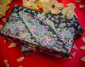 February Mountain Peacock Mother of Pearl Large Wood Jewelry Box - Surprise Gifts for Women Mom Wife Sister Grandma, Gift ideas