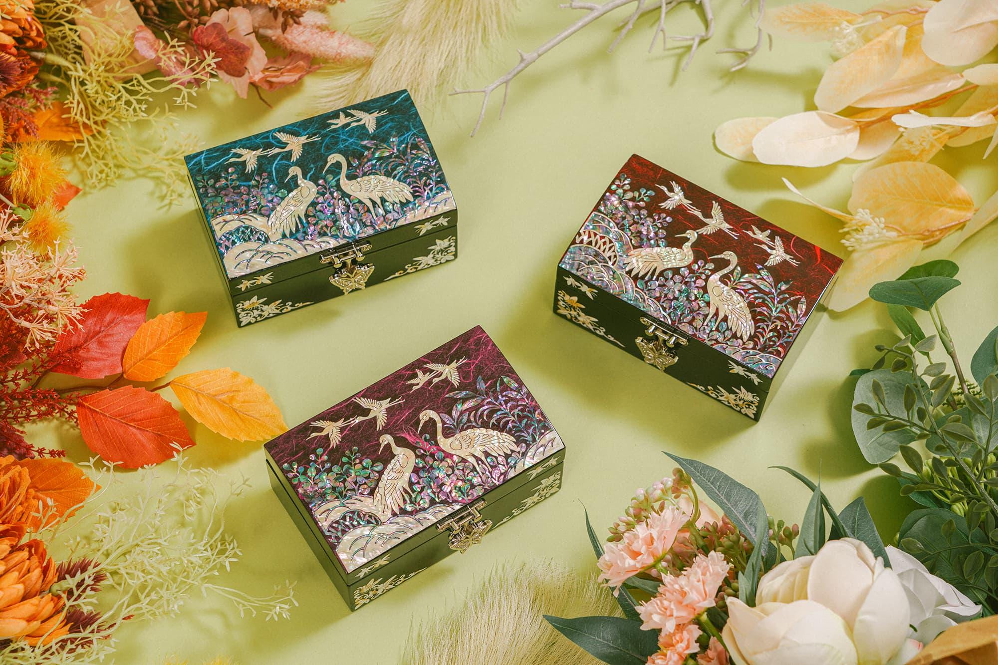 FEBMT マザーオブパール ジュエリーボックス 鶴と花柄 韓国漆器 リング