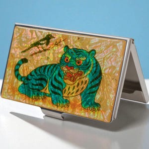 FEBRUARY MOUNTAIN Korean Mother-of-Pearl Blue Tiger & Magpie Design Business Card Holder, Credit Card Wallet, Kpop Aesthetic Gift