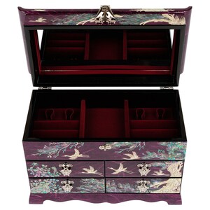 February Mountain Mother of Pearl Large Wooden Jewelry Organizer Box Crane and Pine Tree Design Korean Jewelry Storage Box image 10