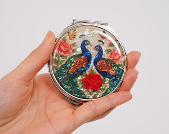 FEBRUARY MOUNTAIN Mother of pearl compact mirror with twin peacock and peony floral design, elegant round pocket mirror for women
