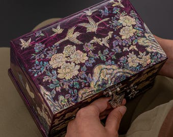 Korean Mother-of-Pearl Jewelry Box with Drawers – Floral & Crane Design, Elegant Keepsake Box Gift for Mom, Wife, Daughter, Sister