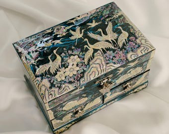 ジュエリーボックス　漆器　マザーオブパール ヴィンテージ日本製木製漆塗りマザーオブパール象嵌ジュエリーボックス