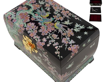 FEBRUARY MOUNTAIN Luxury Jewelry Box with Mother of Pearl Inlay, Cherry Blossom Bird Design, Handmade Gift for Her, Christmas or Holiday