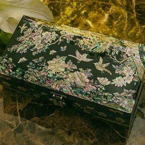 February Mountain Mother-of-Pearl Large Wooden Jewelry Organizer Box | Handmade Abalone Shell Plum Blossom Design | Lacquer Finished