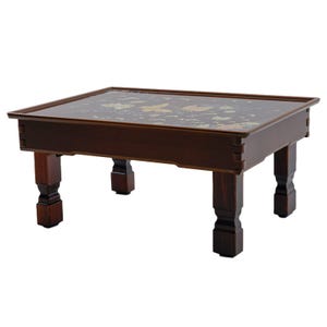 Brown lacquered tray with colorful floral and butterfly inlay design, supported by four elegant legs