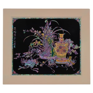 February Mountain Intricate Korean Mother of Pearl Artwork: Vibrant Floral and Vase Design on Black Lacquered Background