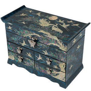 Februar Berg Perlmutt Große Holz Schmuck Organizer Box - Kranich und Kiefernbaum Design Koreanische Geschenke Antik Vintage Dekor