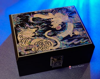 February Mountain Handmade Tiger and Dragon Large Wooden Decorative Box with Hinged Lid - Mother of pearl Box Home Desk Room Decor Reception