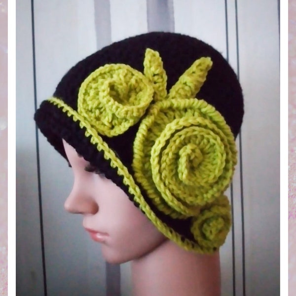 Retro Hat Roma Ladies Crochet Flower Hat Adult Hat Winter Black and Lime Vintage Style Cloche Hat Flapper 1920 Hat Art Hat Cloche 1920 Women