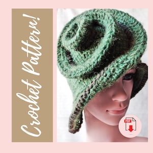 May include: A green and brown crocheted hat with a spiral design. The hat is made of a textured yarn and has a brim. The words "Crochet Pattern!" are written in white script on a tan background. A PDF download icon is in the lower right corner.