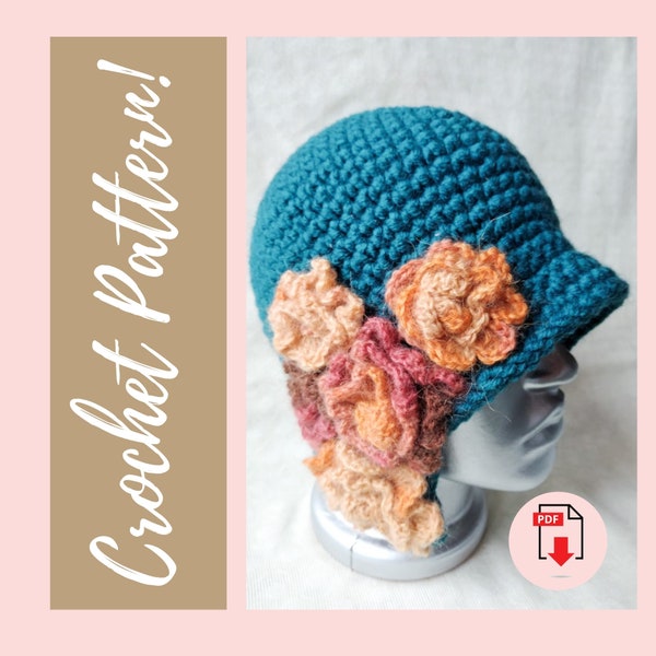 LADIES HAT PATTERN, Crochet Hat Pattern, Digital Download 1920s Flapper Hat Pdf Crochet Pattern, Bucket Winter Ear Warmer Hat Pattern