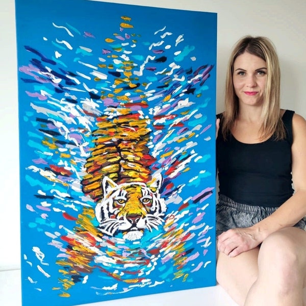 extra Large modern impasto original rich texture tiger  oil painting on stretched canvas unique abstract colourful animal wild wall art zoo