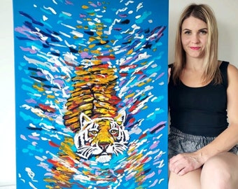 extra Large modern impasto original rich texture tiger  oil painting on stretched canvas unique abstract colourful animal wild wall art zoo