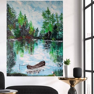 Large texture knife technique original oil painting on stretched canvas / lonely boat/ impasto landscape trees modern oversized oil paints