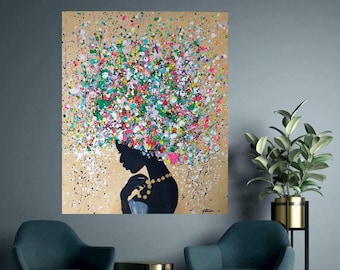 Original extra large rich textured African woman painting on stretched canvas black splash afro modern abstract 3d africa hairs colourful