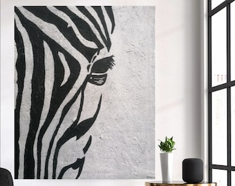 Large rich textured modern original africa painting  stretched canvas unique zebra abstract sand paste oversized animal wild black and white