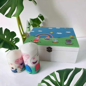 Conjunto de regalo hecho a mano velas de cerdo peppa caja de almacenamiento grande con tapa regalo de cumpleaños regalo de madera envuelto pilar decoupage decoración del hogar george