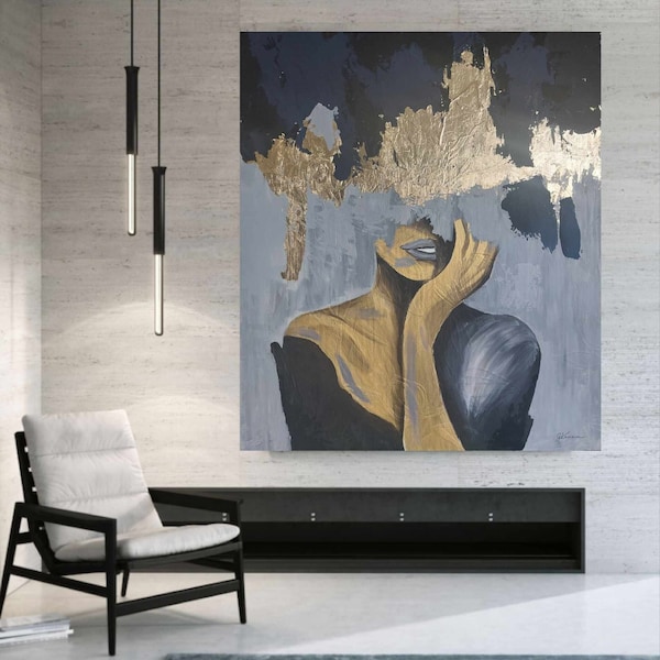 Original extra large gold leaf modern rich textured woman painting on stretched canvas black afro modern abstract 3d hair africa grey luxury