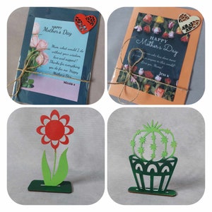 Décoration sur pied de fleur/plante en bois personnalisée de luxe + coffret cadeau de carte décorée cadeau de fête des mères coffret cadeau unique