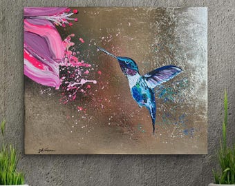 Original extra large gold leaf hummingbird flower turquoise painting on stretched canvas modern wall art stylized handmade stylish abstract