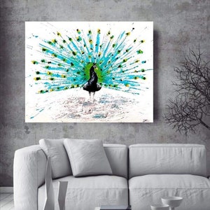 Gran textura iridiscente moderno pintura original sobre lienzo estirado pavo real único abstracto pájaro brillante azul turquesa 3d pared arte decoración