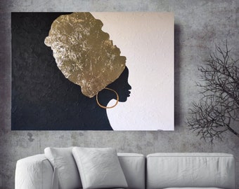 Original gold leaf rich textured extra large abstract gold foil painting on stretched canvas modern afro gold black African woman turban