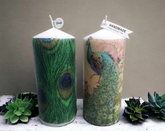 Handmade large gift set candles gift wrapped decoupage original candle pillar home decor peacock abstract floral  colourful stylish luxury
