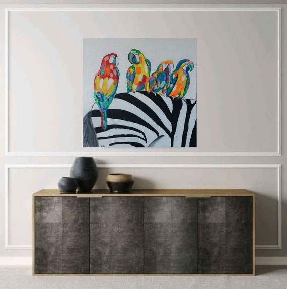 Extra Large rich texture new oil original painting on stretched canvas parrots on zebra wall art colourful unique animals wild Sand texture