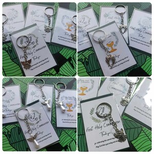Lujo Primera Comunión gracias regalo invitado favores favores ángel guardia Keyring celebración bolsa de violonchelo tarjeta personalizada alas llavero