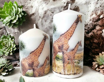 Handmade gift set giraffe candles gift wrapped decoupage original candle pillar home decor jungle Africa zoo animal trees birthday gift