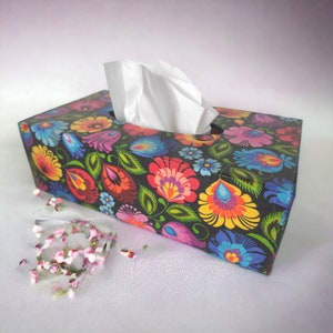 Handmade wooden gift folk tissue box holder wooden  wrapped decoupage home decor heart mother&#39;s Day floral colourful flowers napkins storage